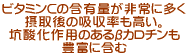 ビタミンＣの含有量が非常に多く 摂取後の吸収率も高い。 坑酸化作用のあるβカロチンも 豊富に含む