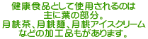 健康食品として使用されるのは 主に葉の部分。 月桃茶、月桃麺、月桃アイスクリーム などの加工品もがあります。